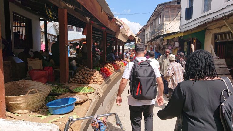 A bustling market in Tanzania with agricultural products for sale, highlighting Tanzania's agricultural economy