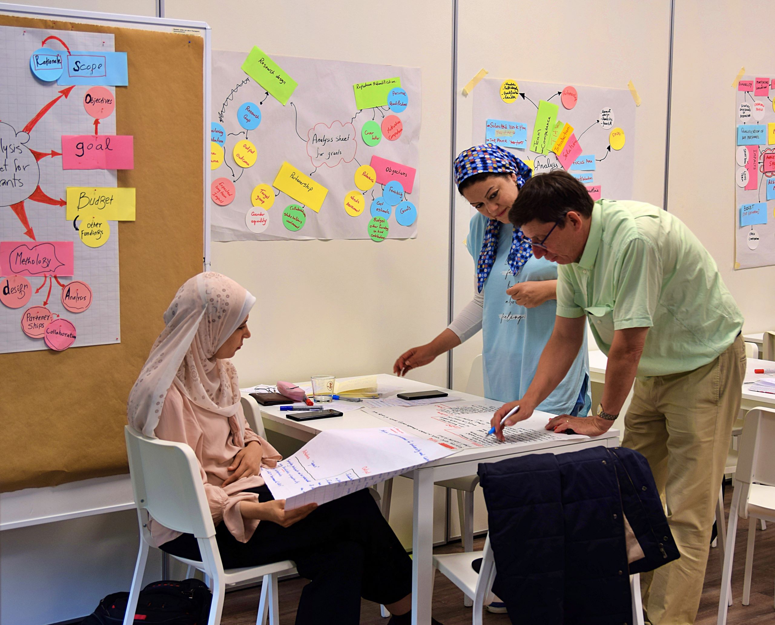 Women teachers brainstorming ideas on flipcharts during a collaborative training session